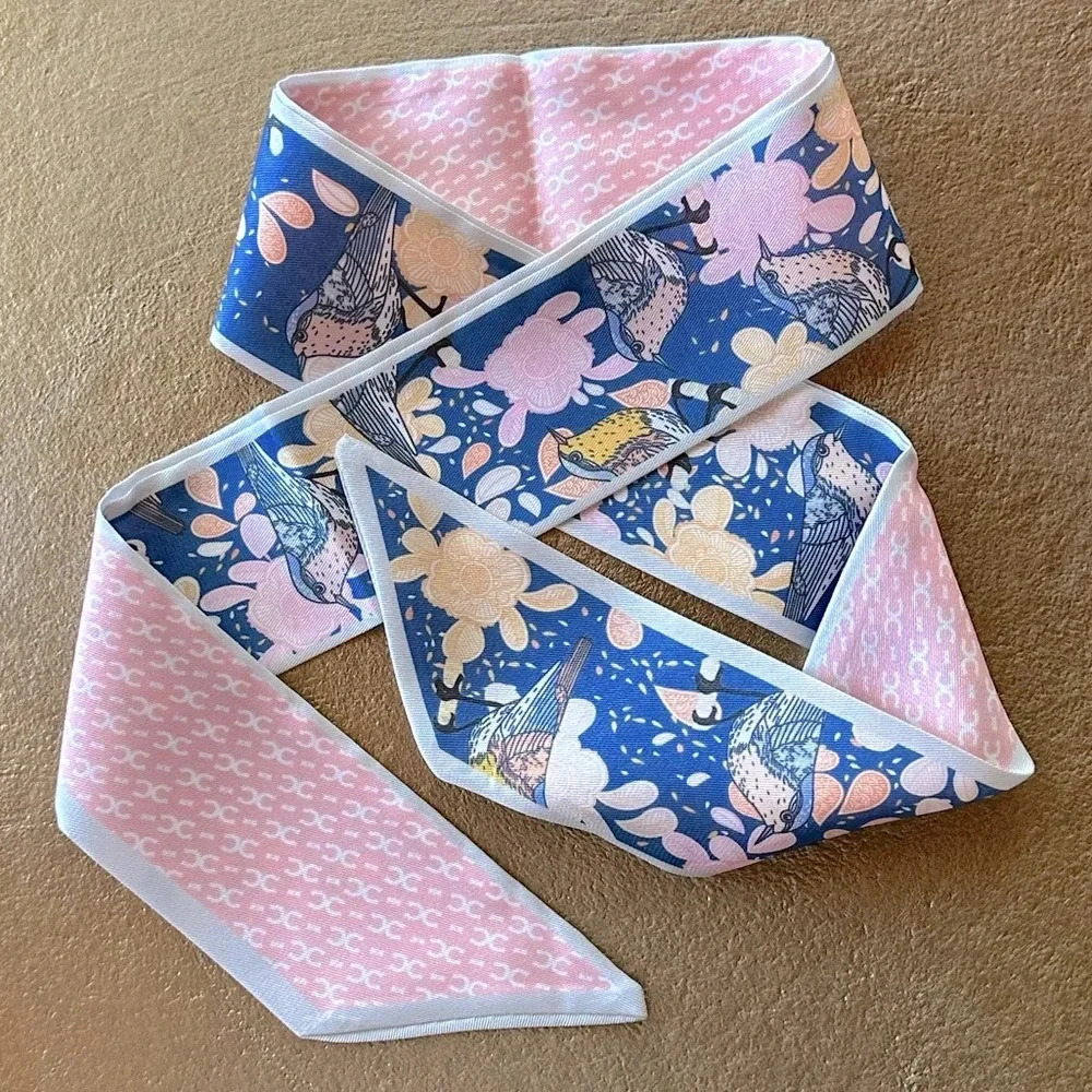 Reversible Blue & Pink Bird & Flower Print Twilly Narrow Tie Scarf